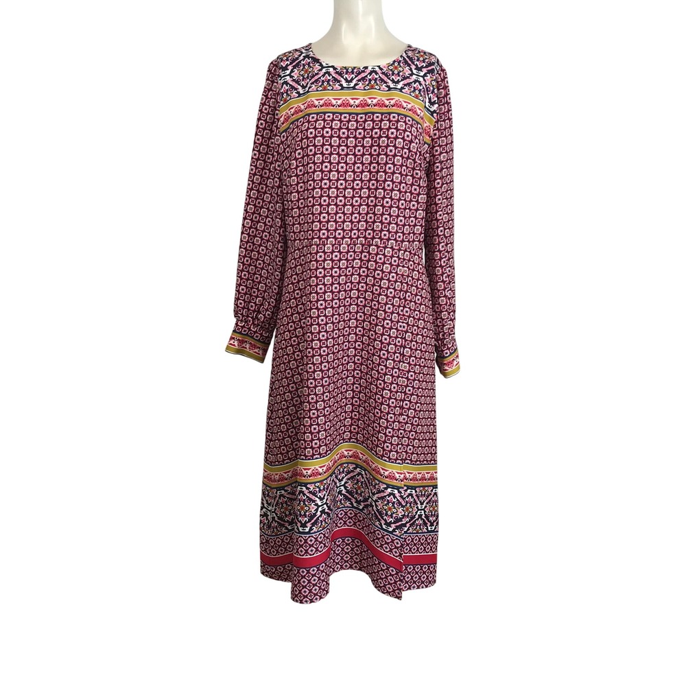 LOFT Women's Long Sleeve Geometric Print Midi Dress Size 12 Red Blue Yellow